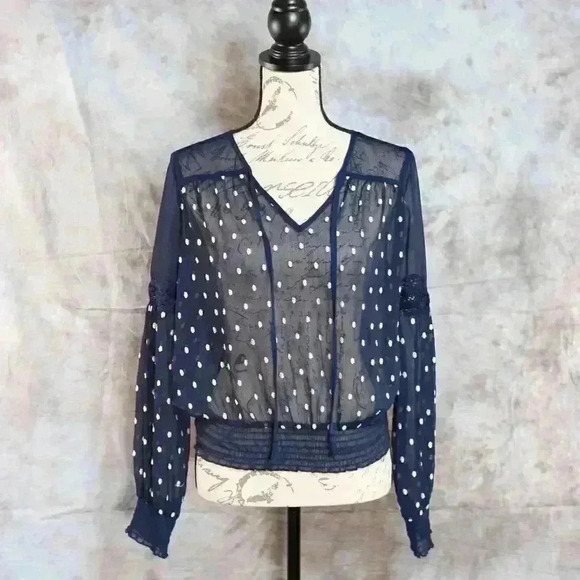 Free People Tops - Women's Free People Size S navy blue polka dot embroidered sheer shirt